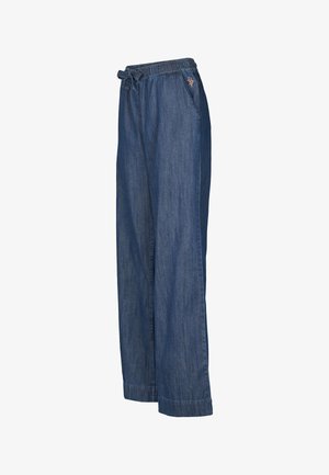 Farmer széles szárú nadrág rugalmas derékpánttal és húzózsinórral. Sötétkék színű, oldalzsebekkel és hímzett részlettel az elején.