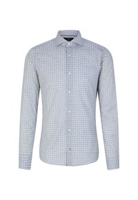 Camicia a maniche lunghe azzurra chiara con motivo circolare, colletto button-down e bottoni frontali. Realizzata in cotone, presenta una texture liscia.