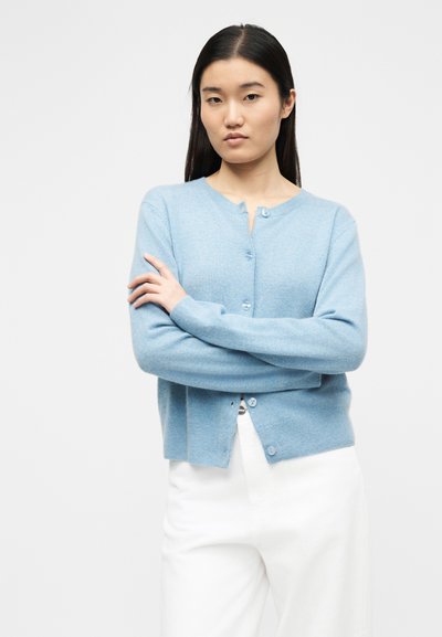 Νεαρή γυναίκα με μακριά σκούρα μαλλιά, ντυμένη με ανοιχτό γαλάζιο ζακέτα με κουμπιά και λευκό παντελόνι, στέκεται με σταυρωμένα τα χέρια μπροστά σε λευκό φόντο.