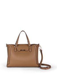Bolso de mano de cuero marrón con doble asa superior y correa de hombro desmontable, que cuenta con herrajes en tono dorado y una pequeña placa con el logotipo en la parte frontal.