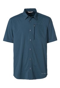 Camisa de manga corta, con botones, en un color azul verdoso oscuro con un patrón de cuadrícula. Cuenta con un bolsillo en el pecho y un dobladillo curvado. Fabricada en un tejido ligero.