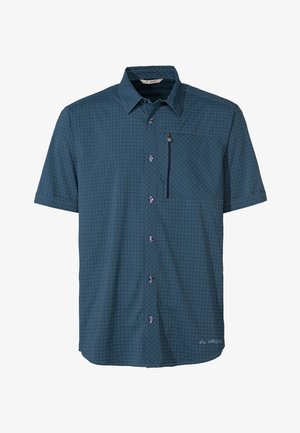Korte mouwen, knoopsluiting shirt in donker teal met een ruitpatroon. Bevat een borstzak en een gebogen zoom. Gemaakt van lichtgewicht stof.