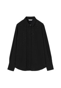 Camicia nera a maniche lunghe con collo, caratterizzata da un motivo testurizzato di piccole perforazioni e chiusura a bottoni sul davanti.