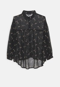 Schwarzes, transparentes Langarmshirt mit floralem Muster, Knopfleiste vorne und längerem Saum hinten. Mit Kragen und lockerem Schnitt.