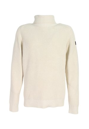 Maglione a collo alto color avorio realizzato in tessuto a costine. Caratterizzato da maniche lunghe e orlo aderente. Design semplice senza motivi notevoli.