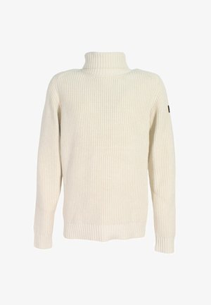 Maglione a collo alto color avorio realizzato in tessuto a costine. Caratterizzato da maniche lunghe e orlo aderente. Design semplice senza motivi notevoli.