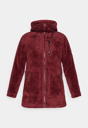 Burgundy fleece jacket with a zip front, adjustable hood, and two side pockets. Features black hardware and a soft, textured surface.