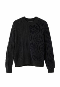 Černý svetr s pleteným vzorem copánků na jedné straně a strukturovaným květinovým vzorem na druhé. Žebrované manžety a lem. Měkká látka.