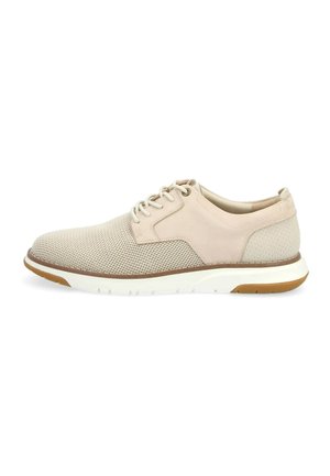 Beige Netz- und Synthetik-Schnürschuhe mit weißer Zwischensohle und brauner Laufsohle. Merkmale sind das strukturierte Obermaterial und das minimalistische Design.