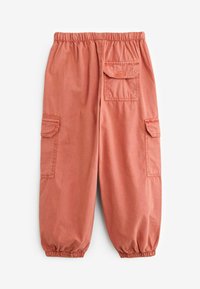 Pantaloni cargo color ruggine con vita e polsini elasticizzati, dotati di tre tasche con pattina, posizionati distesi su uno sfondo bianco.