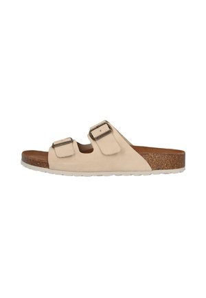 Beige Riemensandale mit zwei verstellbaren Schnallenriemen und einem Korkfußbett vor weißem Hintergrund.