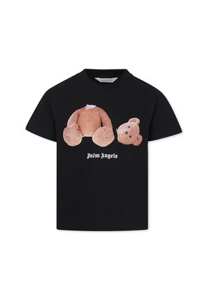 T-shirt noire avec un graphique d'un ours en peluche marron avec un bras manquant et un ours en peluche plus petit, imprimé sur le devant avec "palm angels."