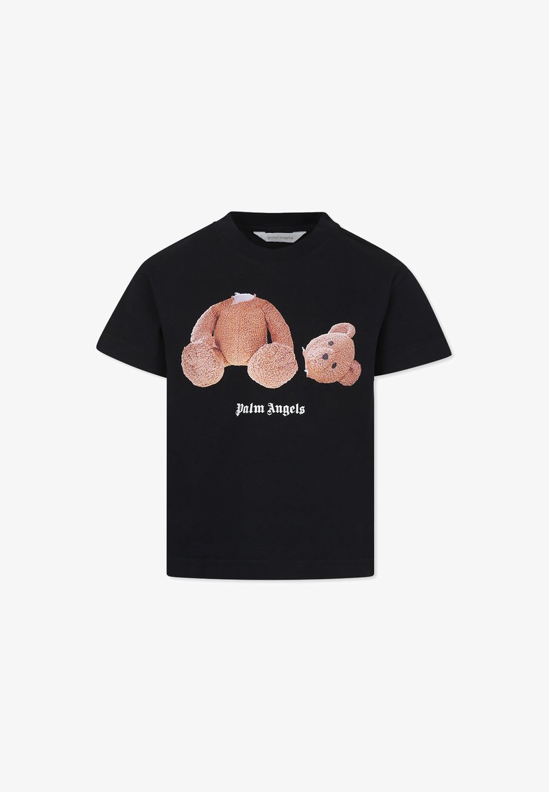 T-shirt noir arborant des images de deux ours en peluche. Un des ours est endommagé, présentant un tissu doux et texturé aux teintes brunes.
