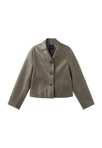 Veste en cuir verte olive coupée avec un large col, trois grands boutons et deux poches plaquées à l'avant.