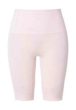 Light pink high-waisted shapewear shorts made from stretchy fabric, featuring a smooth texture and knee-length cut with no visible seams.
