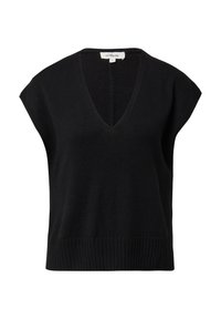 Czarny dzianinowy bezrękawnik z głębokim dekoltem w szpic, prążkowanym ściągaczem i fakturowaną tkaniną. Prosty fason bez zdobień.