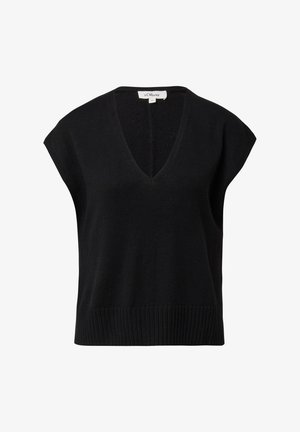 Czarny dzianinowy bezrękawnik z głębokim dekoltem w szpic, prążkowanym ściągaczem i fakturowaną tkaniną. Prosty fason bez zdobień.