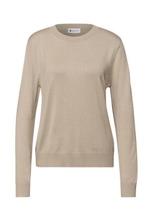 Maglione beige realizzato in materiale morbido, con collo rotondo, maniche lunghe, polsini e orlo a coste, con una texture liscia e uniforme.