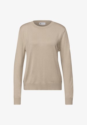 Maglione beige realizzato in materiale morbido, con collo rotondo, maniche lunghe, polsini e orlo a coste, con una texture liscia e uniforme.