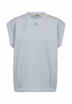 Sweat-shirt sans manches bleu clair avec épaules tombantes, col rond et petit logo carré sous l'encolure.