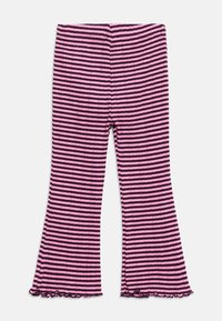 Παιδικό παντελόνι με οριζόντιες ρίγες σε ροζ και μαύρο, με φαρδιές παντελόνες και ραμμένα κυματιστά τελειώματα, απλωμένο επίπεδα σε λευκό φόντο.