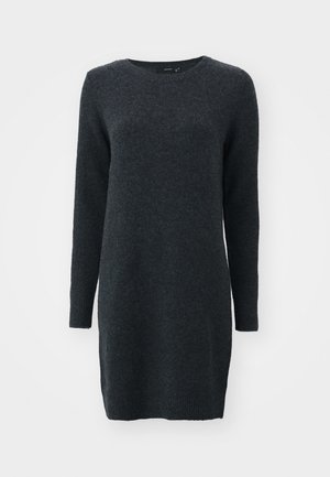 Dunkelgraues langärmeliges Pulloverkleid mit rundem Ausschnitt. Weicher Stoff, gerippte Bündchen und seitliche Schlitze für mehr Bewegungsfreiheit.