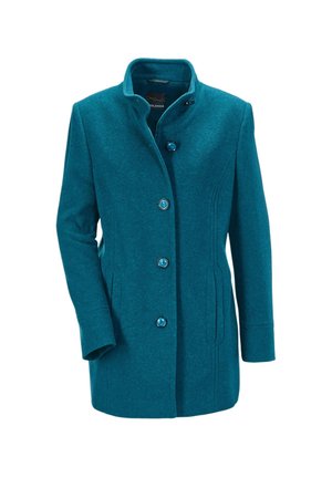 Manteau en mélange de laine teal avec un col haut, des manches longues, cinq boutons à l'avant et des poches latérales, présentant une finition lisse et texturée.