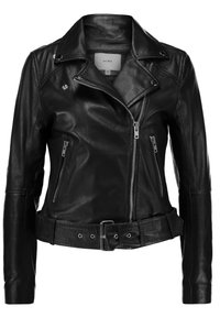 Veste de motard en cuir noir avec un design ajusté, poches zippées, taille ceinturée et accents en métal argenté. Texture lisse et col à revers.