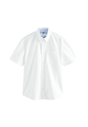 Weißes kurzärmeliges Hemd mit Knopfleiste, spitzem Kragen, einer Brusttasche und gestreiftem Innenkragenband. Glatter Baumwollstoff.