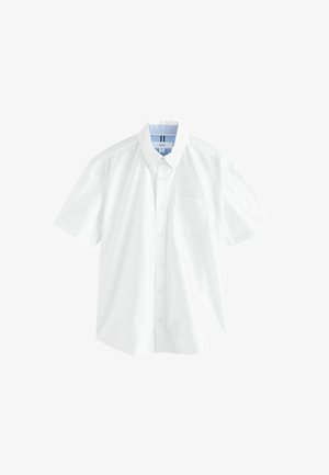 Weißes kurzärmeliges Hemd mit Knopfleiste, spitzem Kragen, einer Brusttasche und gestreiftem Innenkragenband. Glatter Baumwollstoff.