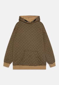 Sudadera con capucha acolchada en marrón, con un patrón de rombos, bolsillo tipo canguro y puños y dobladillo de canalé en tono beige contrastante.