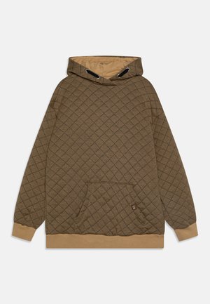 Hanorac cu glugă matlasat în nuanță de marron, având un model în diamant, buzunar tip kangaroo și mansete și tiv în dungi de un bej contrastant.