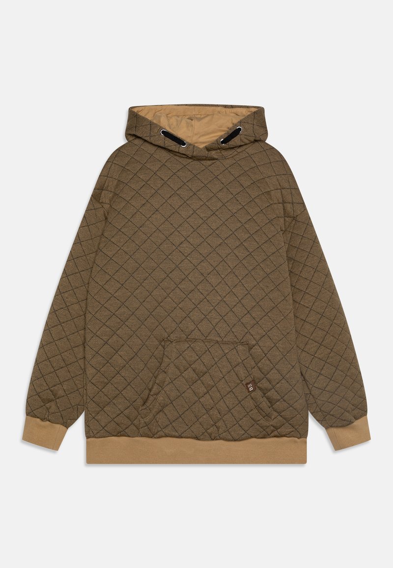 Sudadera con capucha acolchada en marrón, con un patrón de rombos, bolsillo tipo canguro y puños y dobladillo de canalé en tono beige contrastante.