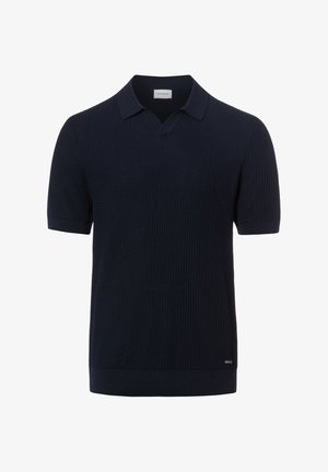 Dark navy textured short-sleeve polo shirt with a soft collar and ribbed cuffs, featuring a small metal brand tag on the hem.