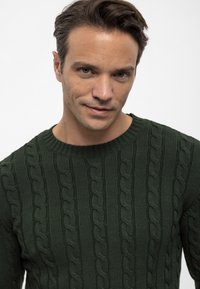 Maglione verde a maglia con colletto rotondo a coste. Presenta motivi testurizzati di cavi attorcigliati e una finitura in tessuto morbido.