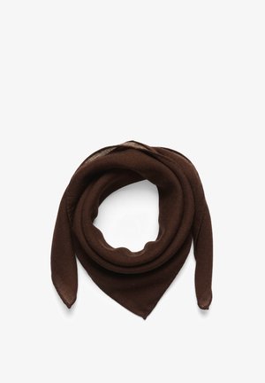 Brown, triangular scarf made of soft, textured fabric. Features tapered ends and a smooth finish, suitable for various styling options.
