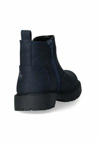 Stivali alla caviglia blu navy con superficie liscia, cerniera posteriore, suola nera robusta e branding sottile sul tacco. Design con punta arrotondata.
