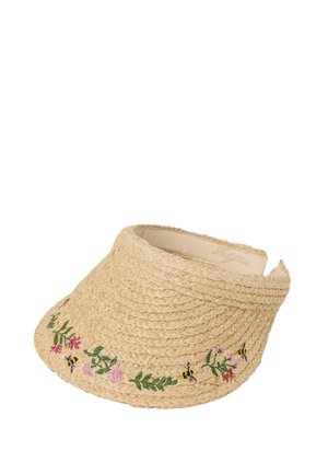 Kapelusz z daszkiem z plecionego słomy z kwiatowym i pszczelim haftem wzdłuż rondla w zielonej, różowej, żółtej i czarnej nici.