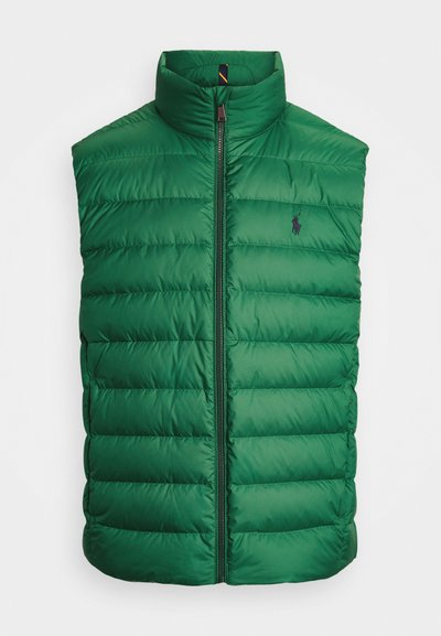 Green puffer vest with a high collar, horizontal quilted design, full front zipper, and small embroidered logo on the left chest.