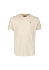 Katoenen t-shirt in lichtbeige, korte mouwen, ronde hals, met een klein horizontaal streeplogo op de borst. Glad textuur.
