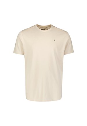 Cotton t-shirt in light beige, short sleeves, crew neck, featuring a small horizontal stripe logo on the chest. Smooth texture.