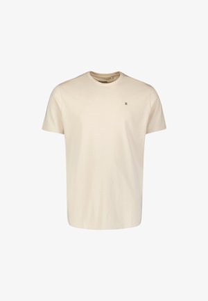 Katoenen t-shirt in lichtbeige, korte mouwen, ronde hals, met een klein horizontaal streeplogo op de borst. Glad textuur.