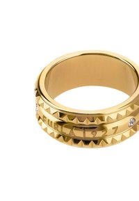 Gouden ring met een gestructureerd oppervlak, voorzien van een bandontwerp met uitsteeksels en gegraveerd met "FURLA 1927," verfraaid met een kleine rhinestone.