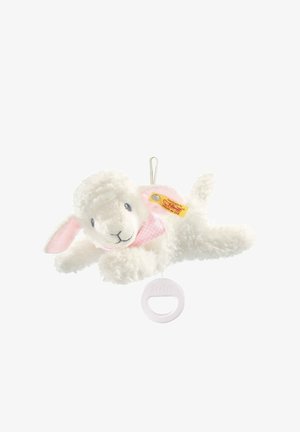 White plush lamb toy with pink ears and a checkered scarf. Includes a hanging loop and a white plastic ring for attachment.