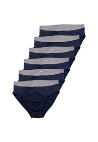 Slips di cotone blu navy con elastico grigio in vita, caratterizzati da una texture liscia e sei pezzi disposti in formazione sovrapposta.
