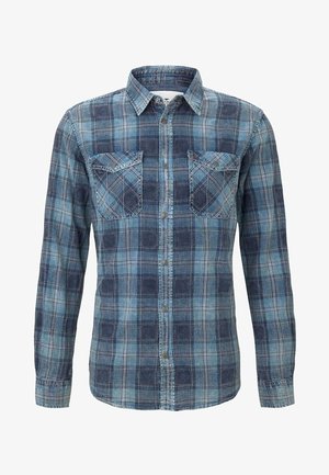 Blau-grau kariertes Langarmhemd mit Knopfleiste vorne, zwei Brusttaschen mit Knopflappen und einem Standardkragen.