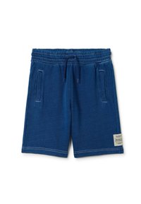 Blauwe katoenen shorts met een elastische tailleband en trekkoord, met zijzakken en een label op het linkerbeen. Gestructureerde afwerking.