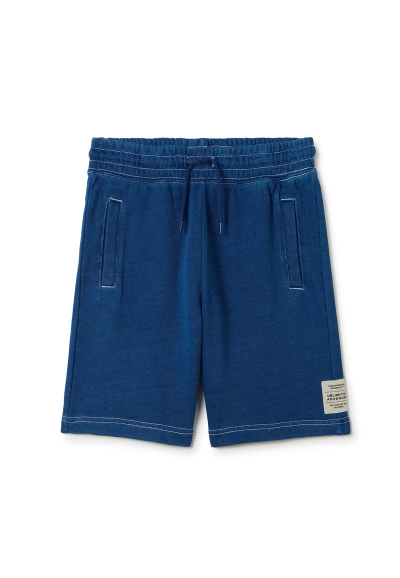 Pantaloni corti azzurri in cotone con vita elasticizzata e cordoncino, dotati di tasche laterali e un'etichetta sulla gamba sinistra. Finitura testurizzata.