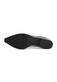 Black rubber sole with textured grip and ridges. Sleek, shiny upper with a seamless design. Minimalist shape, no visible branding.