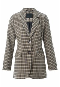 Blazer en tissu à carreaux avec un motif marron et crème, design à simple boutonnage, deux poches avant, doublure en tissu foncé et col cranté.